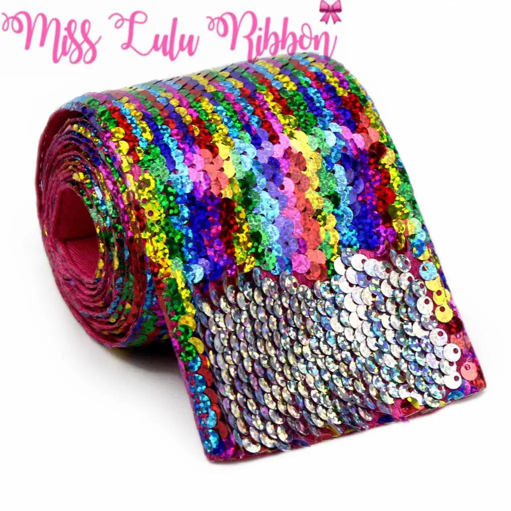 3&quot75mm Double Color Reversible Sequin Ribbon Hologram Rainbow Silver DIY Wedding Decor Gift Hot Pink Bowknots Making 2yards/roll | Дом и