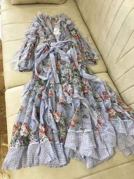 Lilac Floral Женское сиреневое длинное платье с цветочным принтом и эластичными манжетами и поясом в горошек - Цвет: Lilac Floral