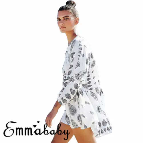 

Printed Women Beach Cover Up Swimwear Cover Dress Long Sleeve Bandage N Neck Loose Women Beach Dress Bathing suit