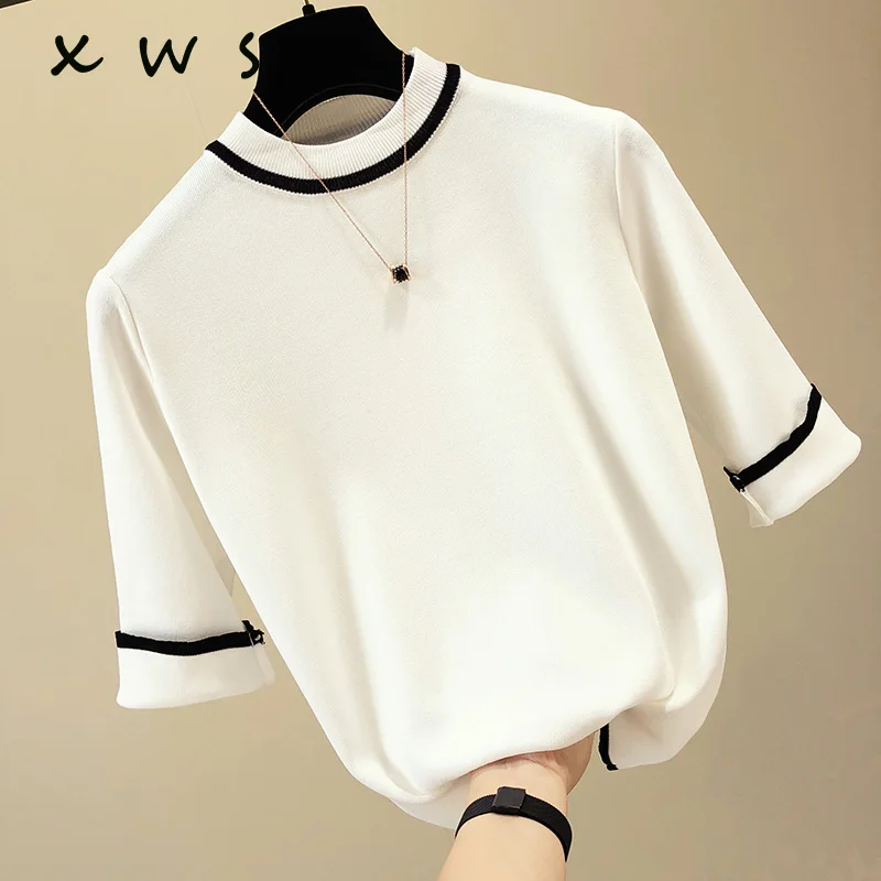 

Summer Short Sleeve Pullover Women Sweater Knitted 2019 Sweaters O-Neck Tops Korean Pull Femme Jumper Female White thin sweater