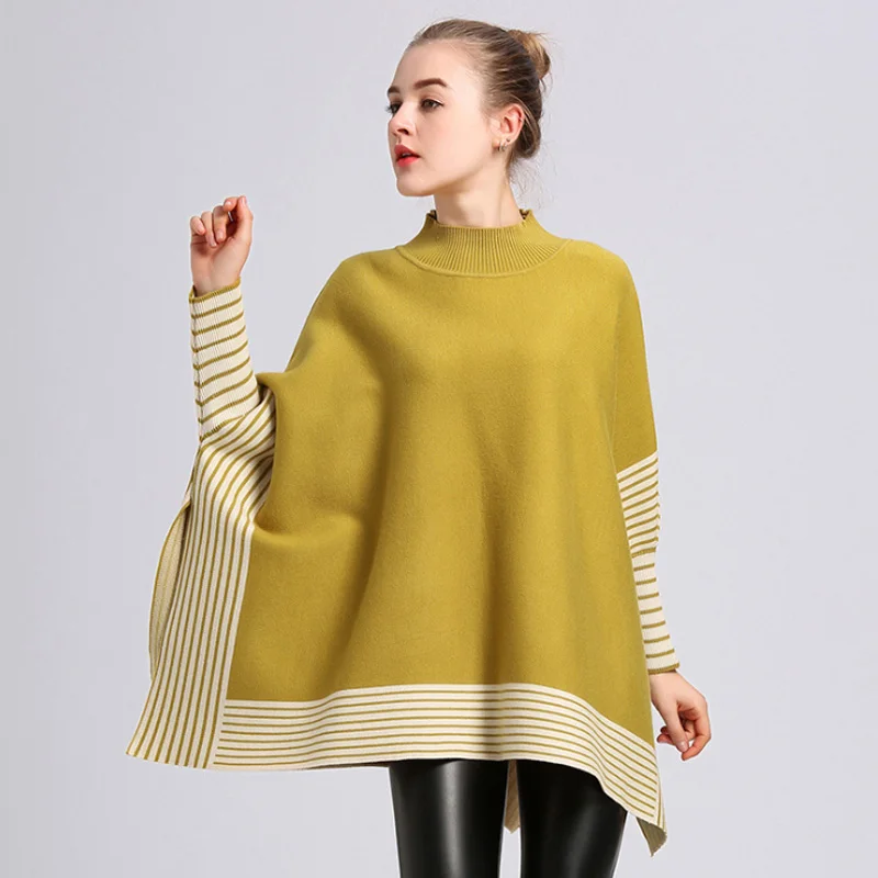 

FXFURS, новинка 2020, хорошее покрытие, пряжа, свободный рукав «летучая мышь», Полосатый пуловер, свитер, круглый воротник, Вязаное пончо, накидка,...