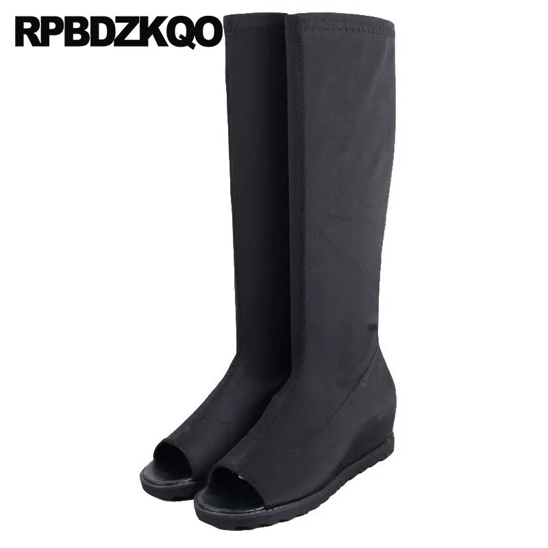 Женские слипоны из лайкры брендовые черные длинные облегающие сапоги до колена