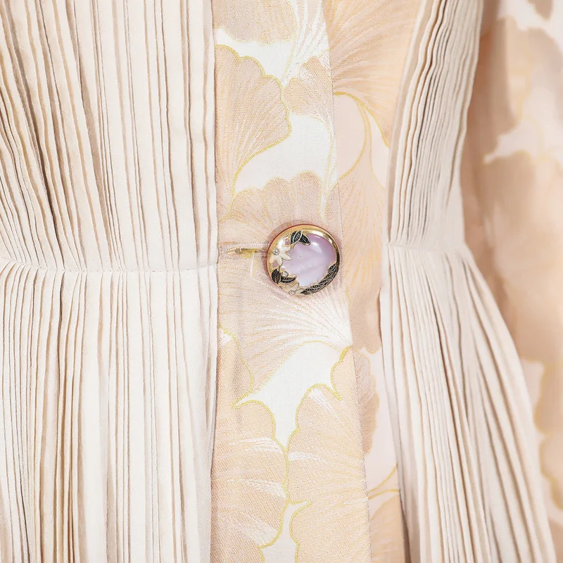 VOA Rococo милое пальто Тренч для девочек шелковое бежевое с принтом листьев гинкго