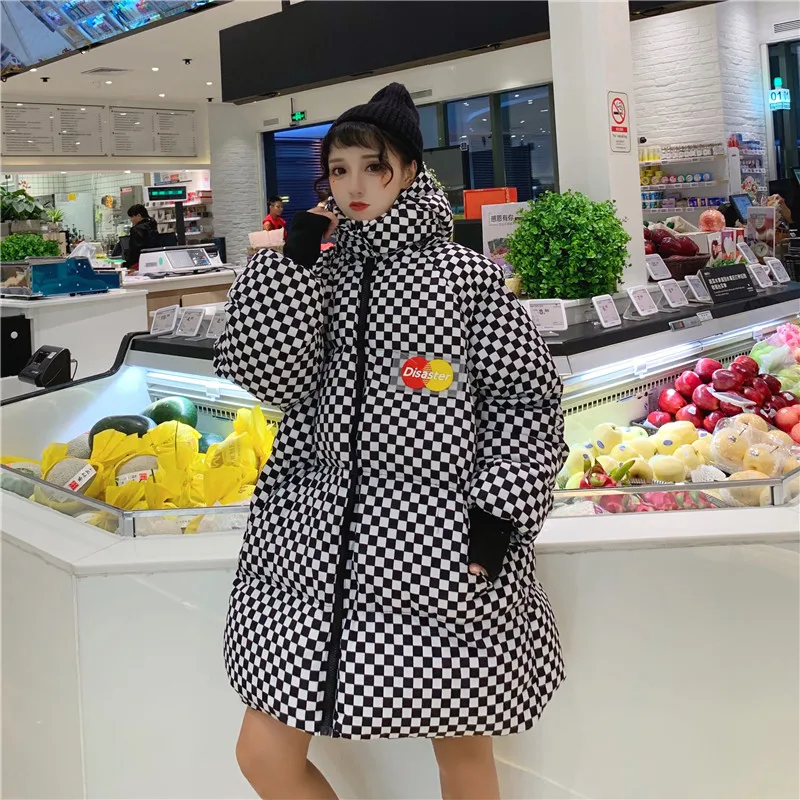 Зимняя женская куртка, модные клетчатые хлопковые пальто Harajuku, свободная стеганая верхняя одежда, теплая Женская парка с капюшоном, Толстая куртка TY288