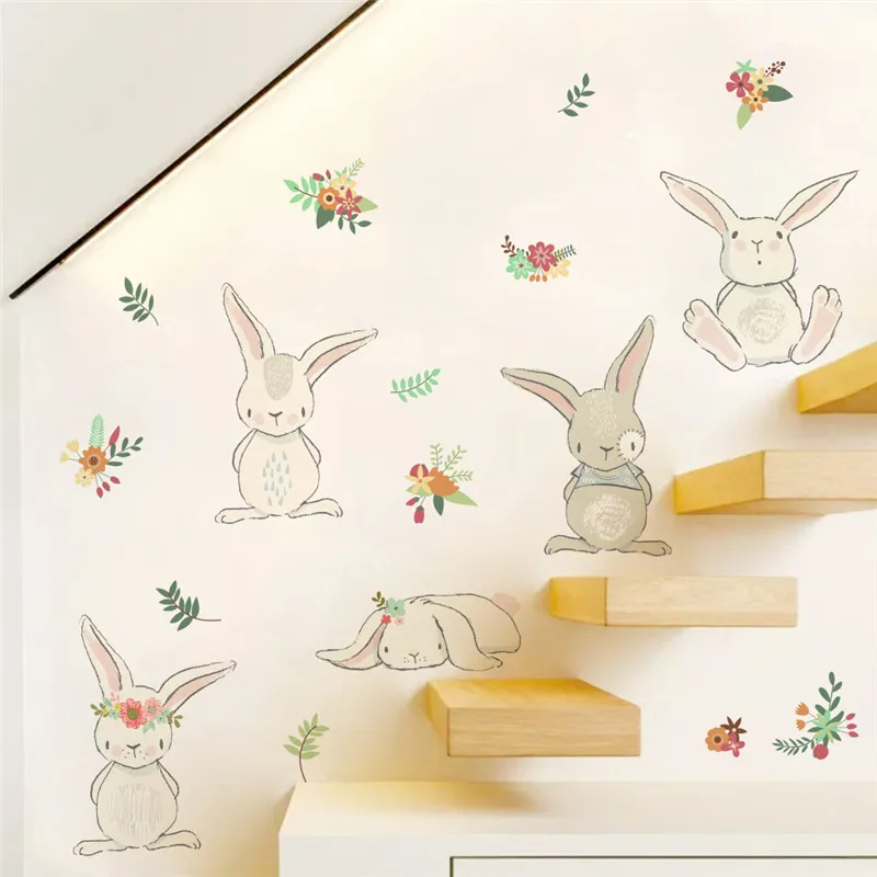 

cartoon animal rabbit flower wall stickers for kids rooms home decor 50*70cm wall decals pvc poster diy mural art decoration