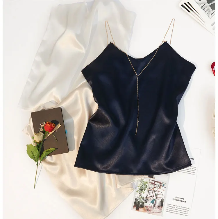 dark blue Новинка, летние пляжные повседневные майки, женские модные сексуальные топы с металлической цепочкой и v-образным вырезом, женские топы CT055 - Цвет: dark blue