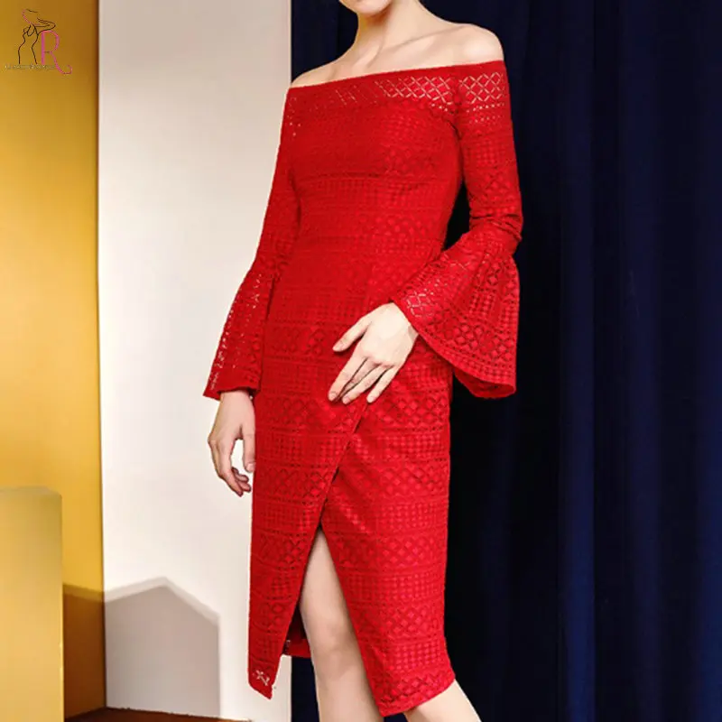 Пикантные красные с открытыми плечами Разделение Front Flare кружевное платье