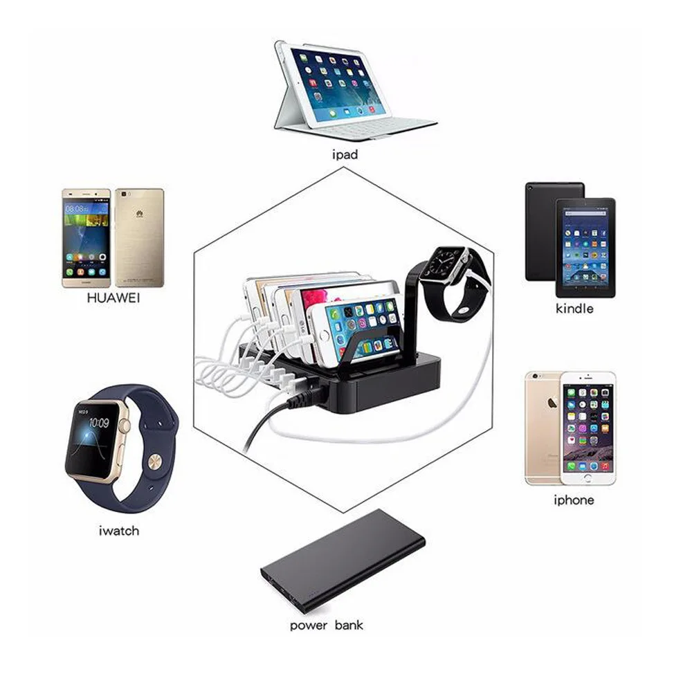 6 портовая зарядная станция с портом для часов 8.8A мульти usb порт зарядное