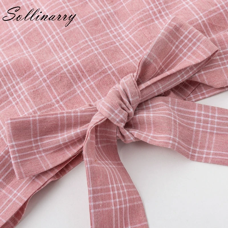Sollinarry Pink plaid Long Sleeve Crop Womens Tops and Blouse Casual V-Neck Feminino Cardigan Bow Shirt Blusa |
