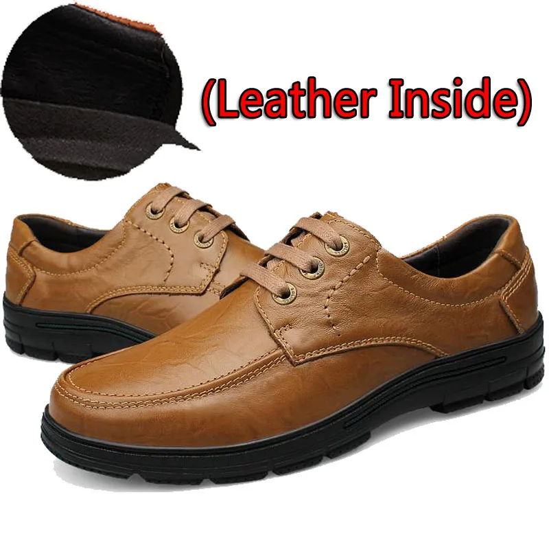 Leather Khaki SURGUT/брендовая модная мужская повседневная обувь; лоферы из натуральной кожи; мужские мокасины на плоской подошве; высококачественные модельные туфли с мехом внутри - Цвет: Leather Khaki
