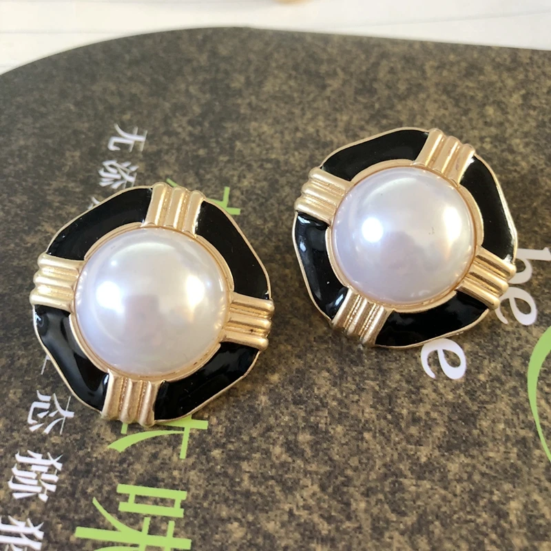 

Square Pearl Black Enamel Earrings Stud Statement Jewelry Vintage Accessories