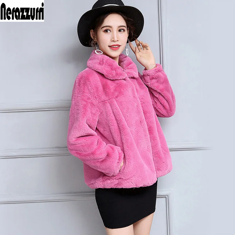 Pink Зимняя куртка из искусственного меха женская с длинным рукавом высокая талия короткая плюс размер пальто из искусственного меха 6XL 7XL модная меховая плиссированная верхняя одежда шуба из искусственного меха полушубок - Цвет: Pink