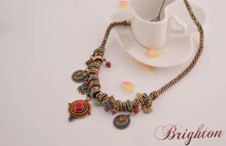 2015 New Retro jewelry gold plated colourful resin stone&beads pendant bohemian style vintage women statement necklace K13908|necklace with cross