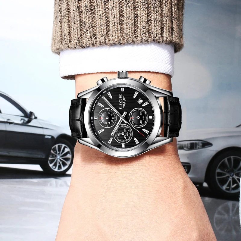 LIGE модные Повседневное Для мужчин Топ Бренд роскошные кожаные кварцевые