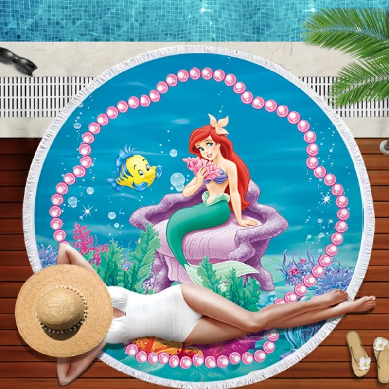 

Princess Little Mermaid Ariel Summer Beach Bath Towel Round Micro Fiber Blanket 150x150cm Women Girls