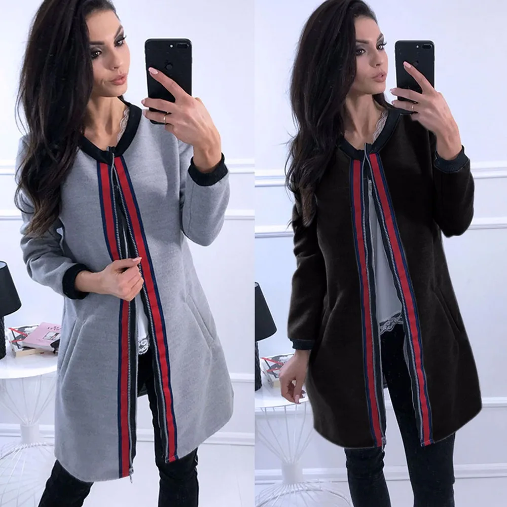 Autumn Winter Zipper Coat 2018 Fahsion New Womens Patchwork Blends Full Sleeve Pockets Casual Female Black Jumpers Warm | Женская одежда