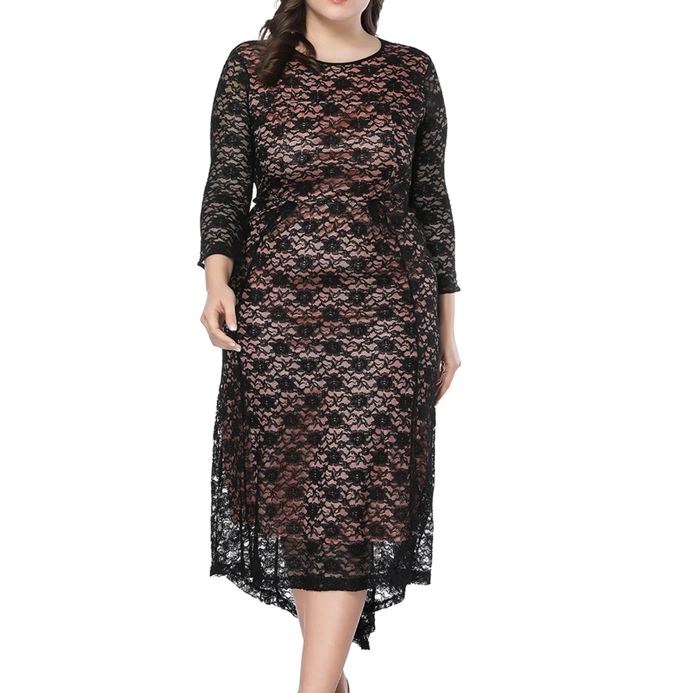 Women Black Plus Size Summer Lace Dress 2019 Elegant Hollow Out Big Formal Sexy Midi Large Party Dresses Vestido |