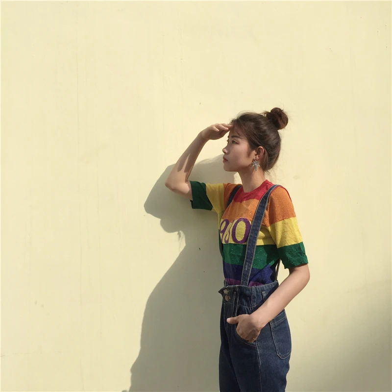 2019 Summer New Fashion Rainbow Striped Women Short Sleeve Knitted Tops Tee Harajuku Sequin Top Camisetas Office Lady | Женская одежда