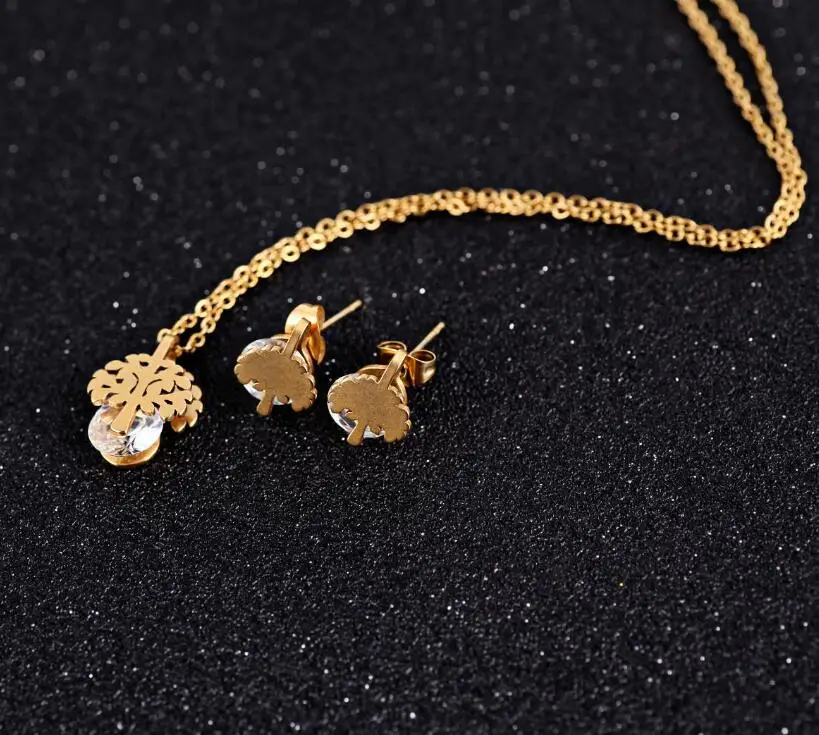 2017 новая мода из нержавеющей стали листового золота колье и сережек с голубыми