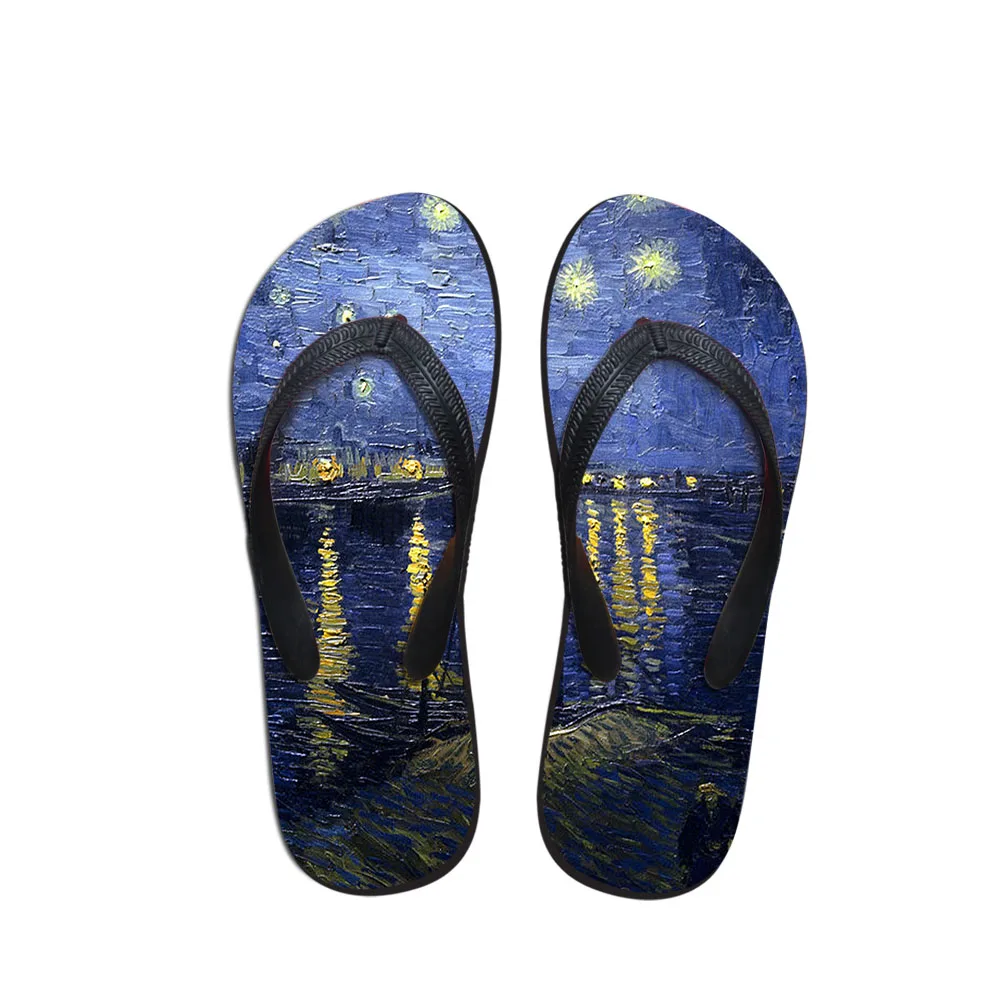 Женские пляжные шлепанцы сандалии с 3D рисунком плоская подошва Ван Гога художник