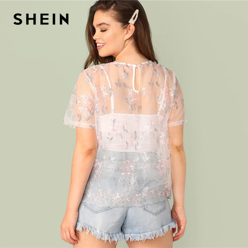 SHEIN, розовый топ с вышивкой размера плюс, Сетчатая футболка, Женская Летняя Сексуальная Повседневная футболка на пуговицах с круглым вырезом и коротким рукавом, плюс футболка