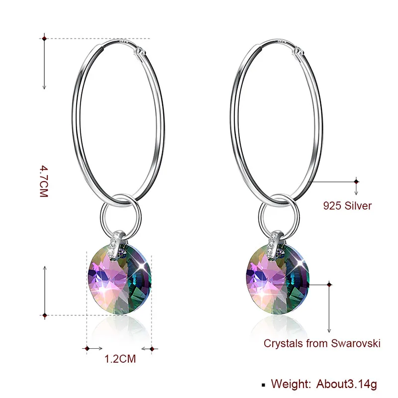 Для женщин обруч серьги хрустальные от Swarovski простой Стиль 925 пробы Серебряный Круглый Rhinestone Обручение вечерние ювелирные изделия на подарок