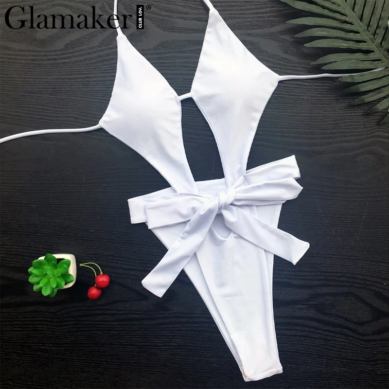 Glamaker выдалбливают черный цельный сексуальный боди для женщин Белый открытая спина шнуровка облегающий костюм летние выходные пляж купальник - Цвет: 578-2