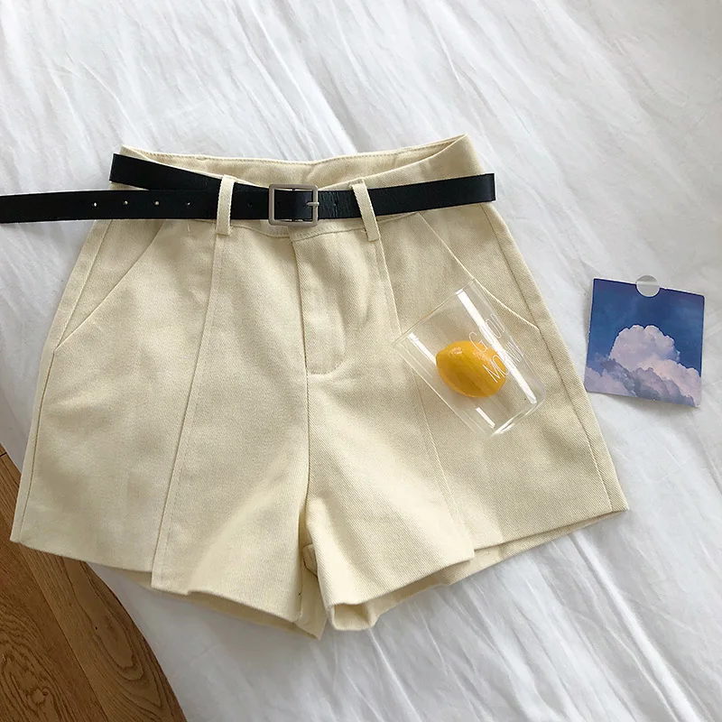 Beige CamKemsey корейские шикарные летние шорты с высокой талией для женщин модные однотонные повседневные широкие шорты Карго с карманами и поясом - Цвет: Beige
