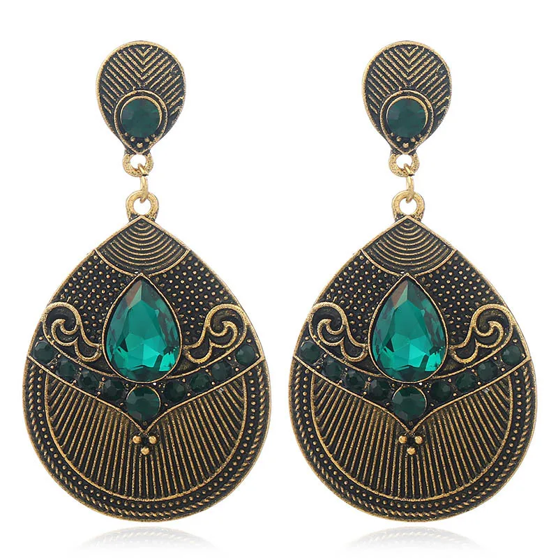 

2022 New Vintage Bohemia Bronze Plated Big Green Stone Drop Earrings For Women Antique Exaggerated Earring Ethnic Jewelry Gift