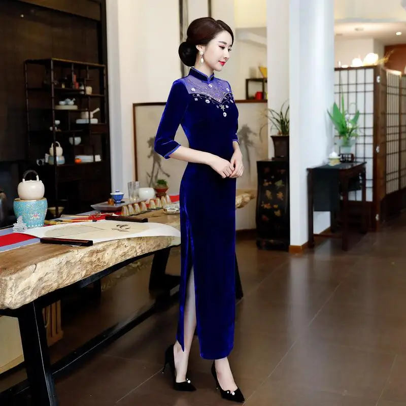 Винтажное бархатное женское платье до щиколотки Qipao, большие размеры, осенне-зимнее Сетчатое платье ручной работы, украшенное бусинами, новинка, вечернее облегающее платье - Цвет: Синий