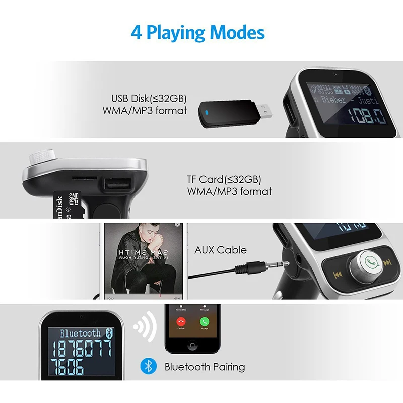 FDOMAIN big screen wireless handsfree bluetooth car kit WMA MP3 player auto FM modulator transmitter with dual USB fast charging |