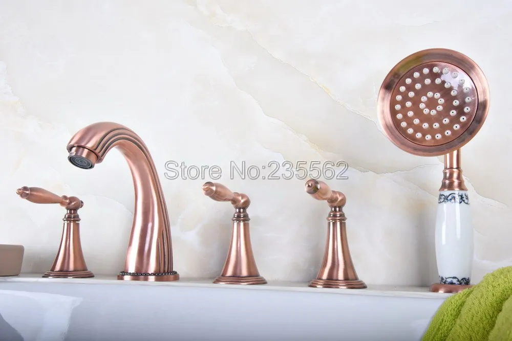 Античная красная медная Ванная раковина кран с ручной душевой бортикой 5