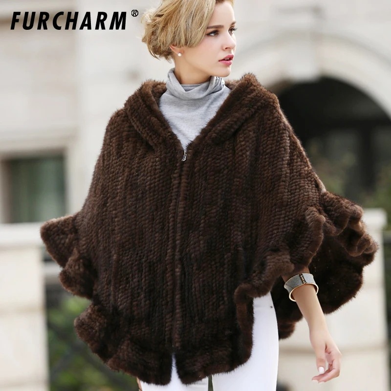 Новинка 2019 натуральная Вязаная Шаль из меха норки пончо с отделкой лисы куртка