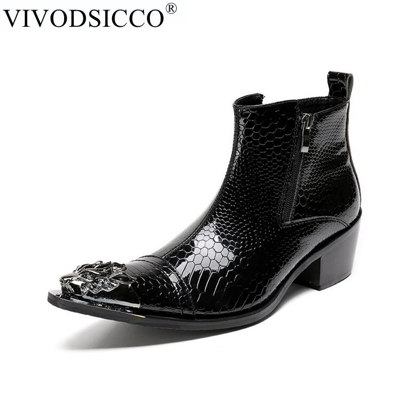

VIVODSICCO Fashion Genuine Leather Snake Men Ankle Boots Formal Dress Shoes Pointed Toe Metal Toes Chelsea Boots Cowboy Boots