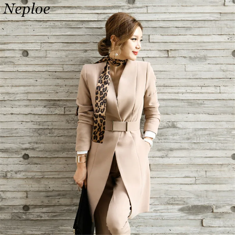 Neploe, женские осенние брючные костюмы, бандажный Блейзер, костюм, рабочая одежда, комплект из 2 предметов, длинная куртка с отворотом+ штаны, наряды, с поясом 68185