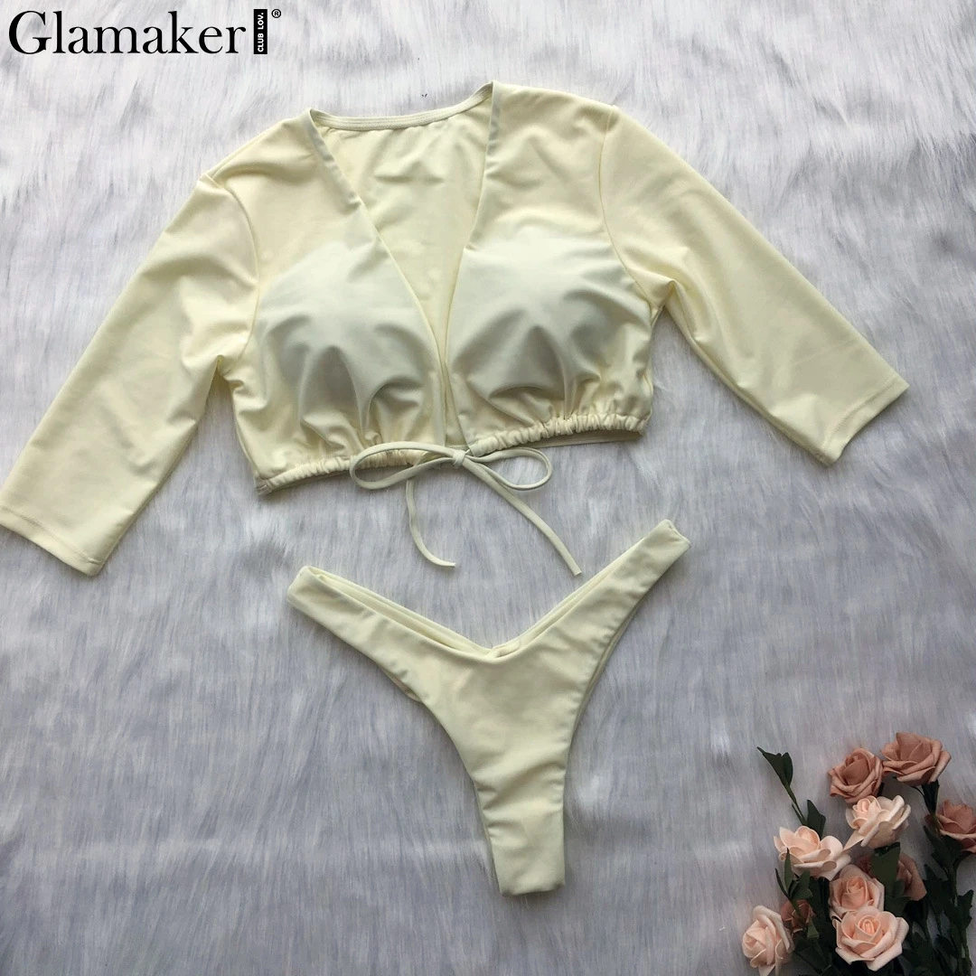 Glamaker, короткий рукав, сексуальный купальный костюм для женщин, высокая талия, шнуровка, купальник, набор, пуш-ап, женский купальник, v-образный вырез, купальник, купальный костюм - Цвет: Бежевый