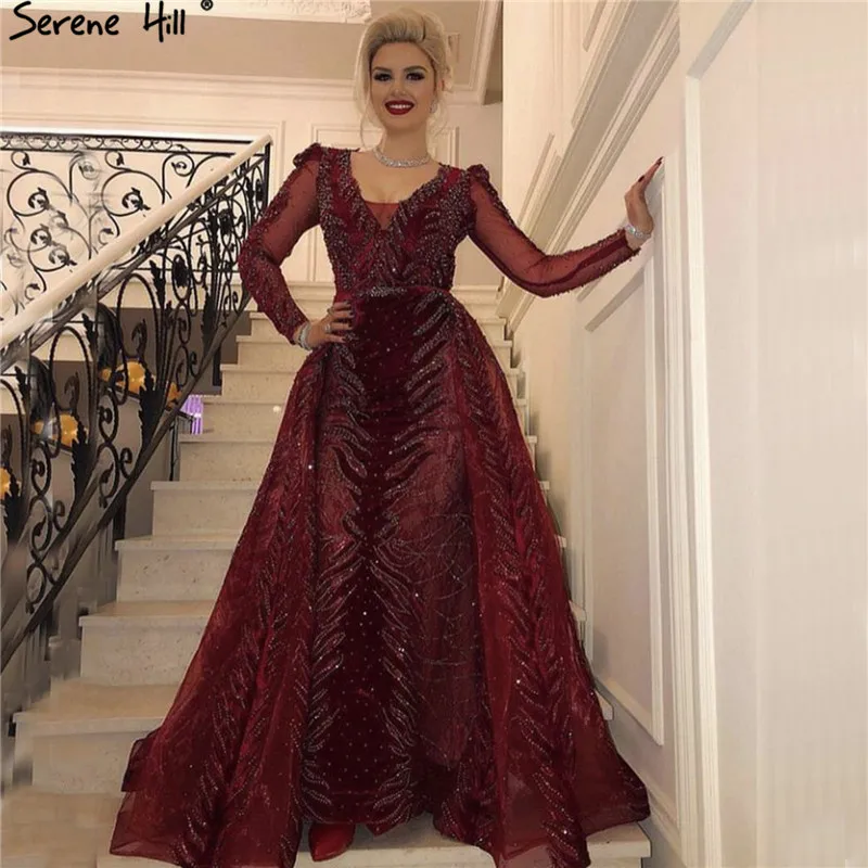 wine red Винно-красные Роскошные вечерние платья с длинными рукавами v-образным вырезом расшитые блестками вечерние платья дизайна беззаботного холма размера плюс BLA60903 - Цвет: wine red