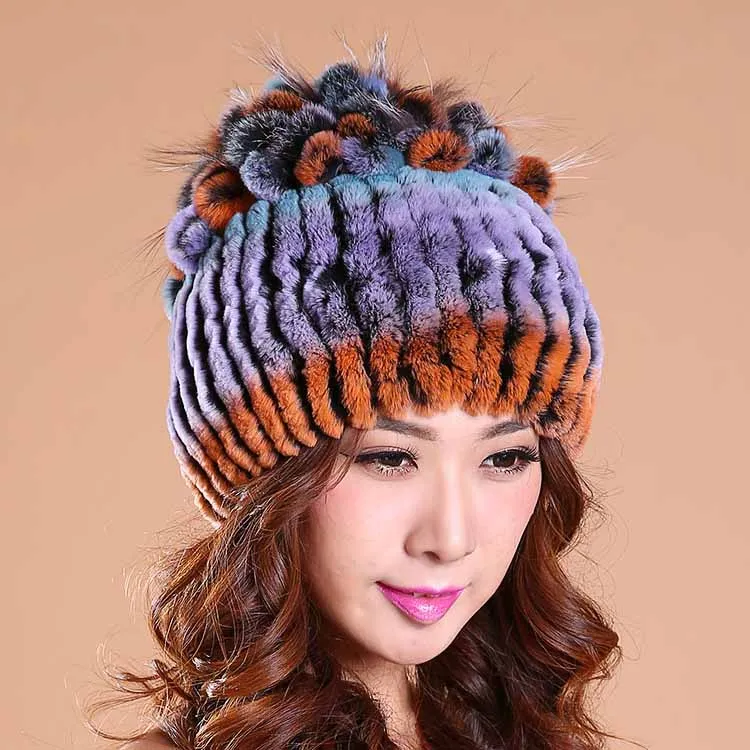 Новинка Женская Зимняя Шапка бини из натурального кроличьего и лисьего меха