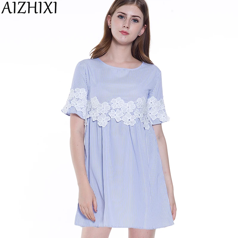 AIZHIXI Цветочная Кружевная аппликация Синий Полосатый Babydoll мини-платье женское 2017
