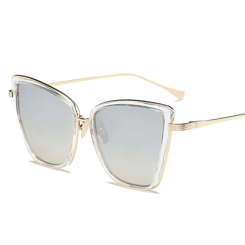 Серебристый Новые брендовые дизайнерские солнцезащитные очки Cateye, женские винтажные металлические очки, зеркальные ретро очки Lunette De Soleil Femme UV400 - Цвет линз: Серебристый
