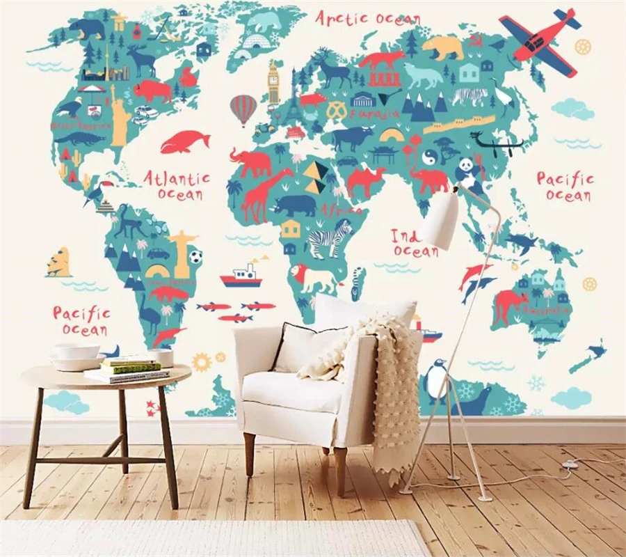 3d фотообои на заказ мультфильм Карта мира детская комната фоновая стена детский