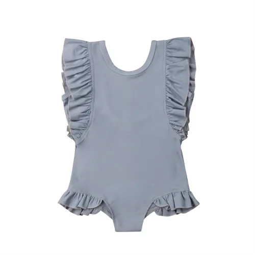 Gray Blue Летние однотонные пляжные купальники с оборками для маленьких девочек, купальный костюм, пляжная одежда - Цвет: Gray Blue