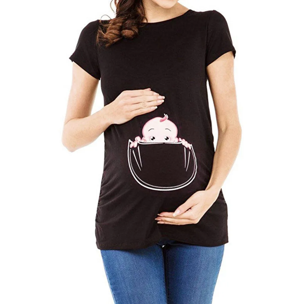 Maternity Premium Stretch Pregnant Women Maternity Short Sleeve Cute Baby Print Tops T-shirt Pregnancy Clothes Women Funny Top