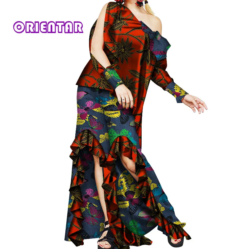 

Dashiki African Clothes for Women Ruffles Petal Long Sleeve Tops and Pants Bazin Riche African Print Leg Pants Set WY4750