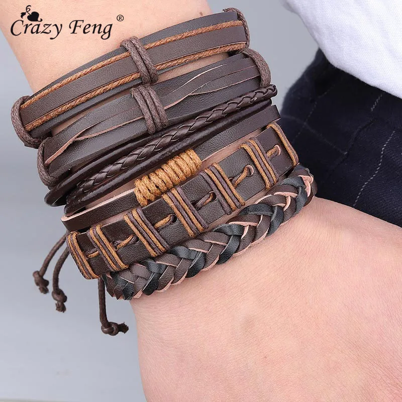 Мужской кожаный браслет ручной работы Crazy Feng 5 шт./лот в стиле панк рок Плетеный