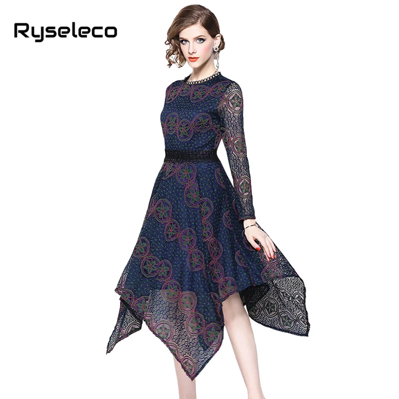 

Autumn New Women's Lace Dress OL Elegant Floral Crochet Cutout irregular high low Casual Plus size Office Party Midi Dresses 3XL
