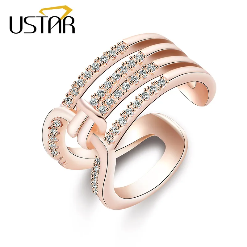 

USTAR Crystals Knot Finger Rings for women Rose Gold color engagement rings female Jewelry Anel Opening adjustable size gifts