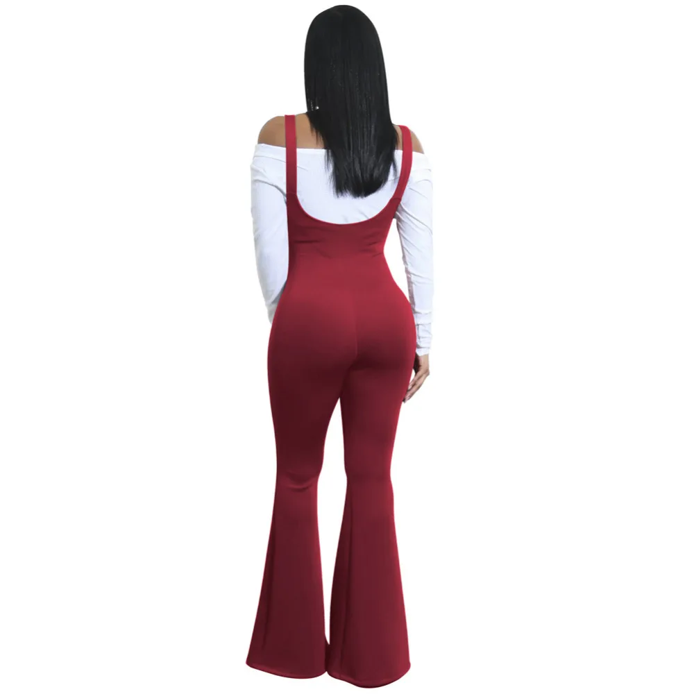 Женский комбинезон, одноцветные подтяжки, ремень, без рукавов, комбинезон для женщин, открытая спина, широкие брюки, колокольчик, сексуальный женский комбинезон