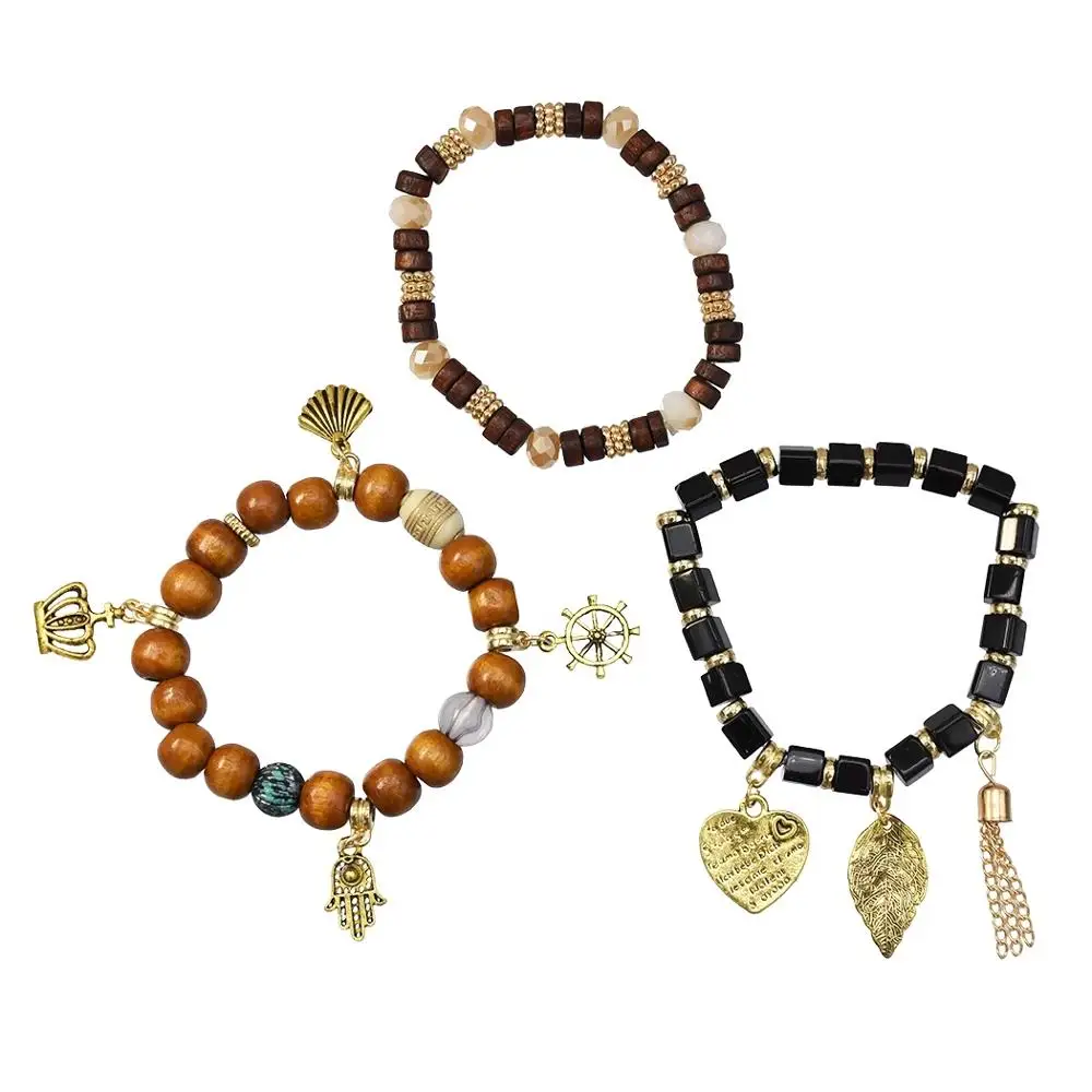 3 шт./компл. новые браслеты из камня и дерева с подвеской в виде сердца листьев