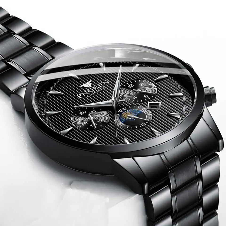 FNGEEN Mens Watch Luxury Men's Stainless Steel Quartz Analog Date Wrist Sport Watches belt watch Relogio Masculino | Наручные часы